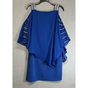 Blue Evening Dress Size Medium Rhinestone Straps Cut out‎ sleeves Wedding Guest